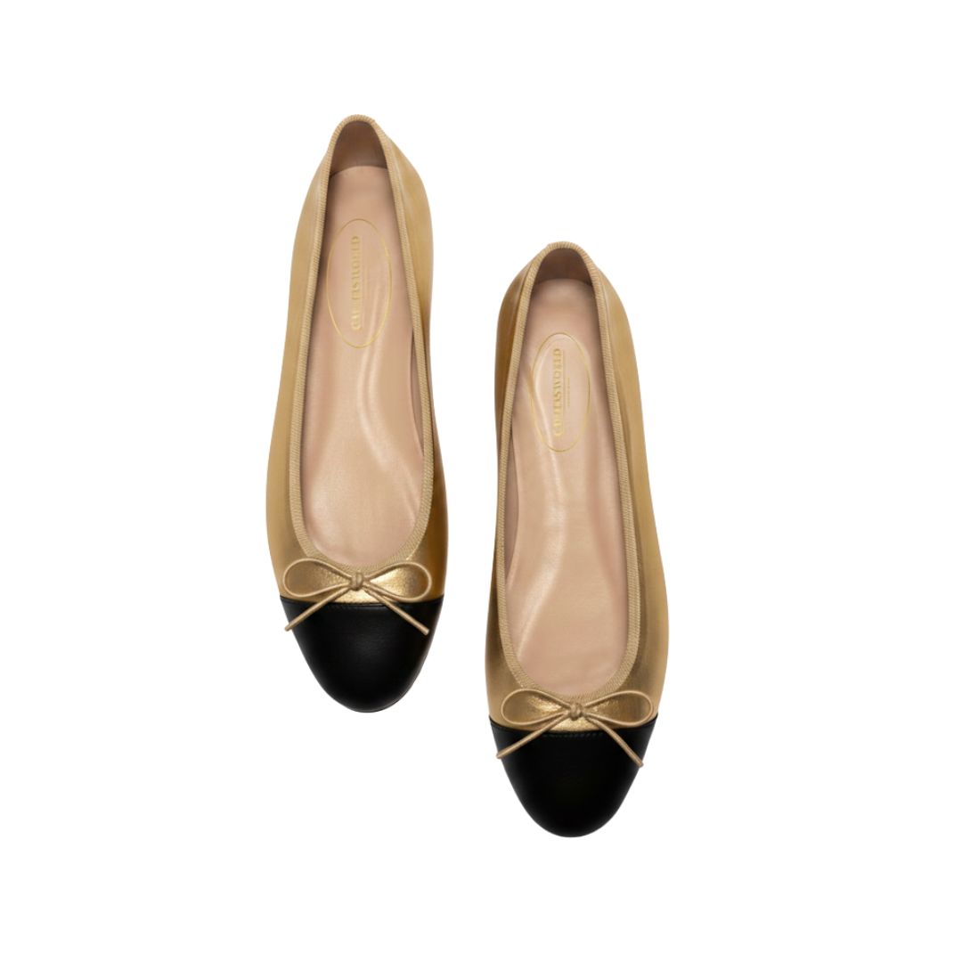 BALLERINAS FLATS,  PELLE GOLD  (VENUS) PUNTERA NEGRA