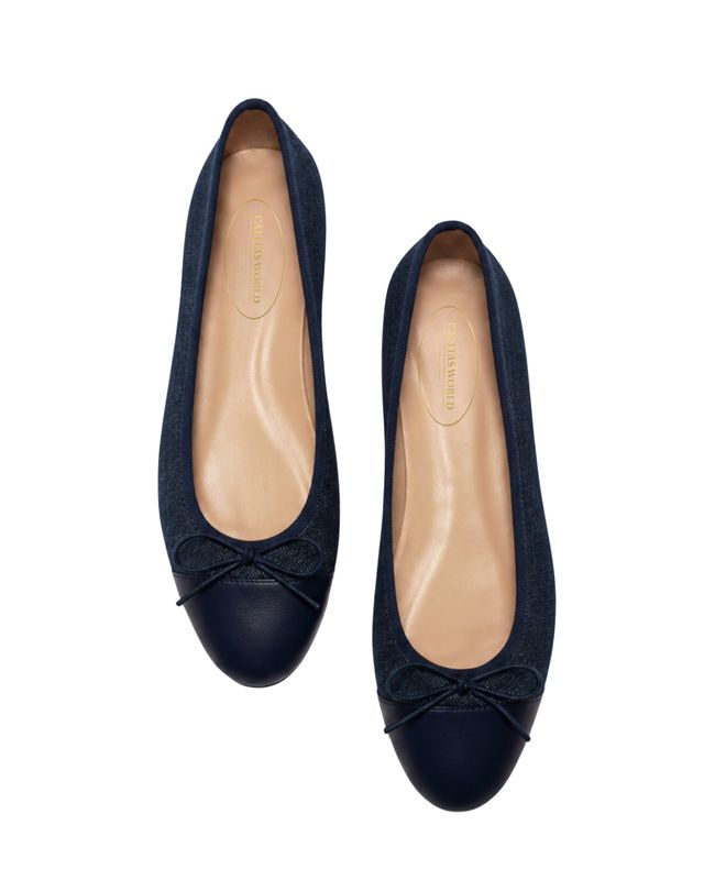 BALLERINAS FLATS,  DENIM  OSCURO, LAZO Y  PUNTERA AZUL MARINO