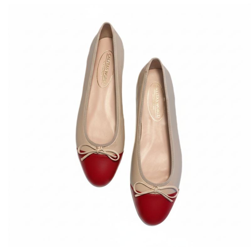BALLERINAS FLATS,  PELLE  BEIGE  (MARIOLA 3011) PUNTERA ROJA (RED FIRE)