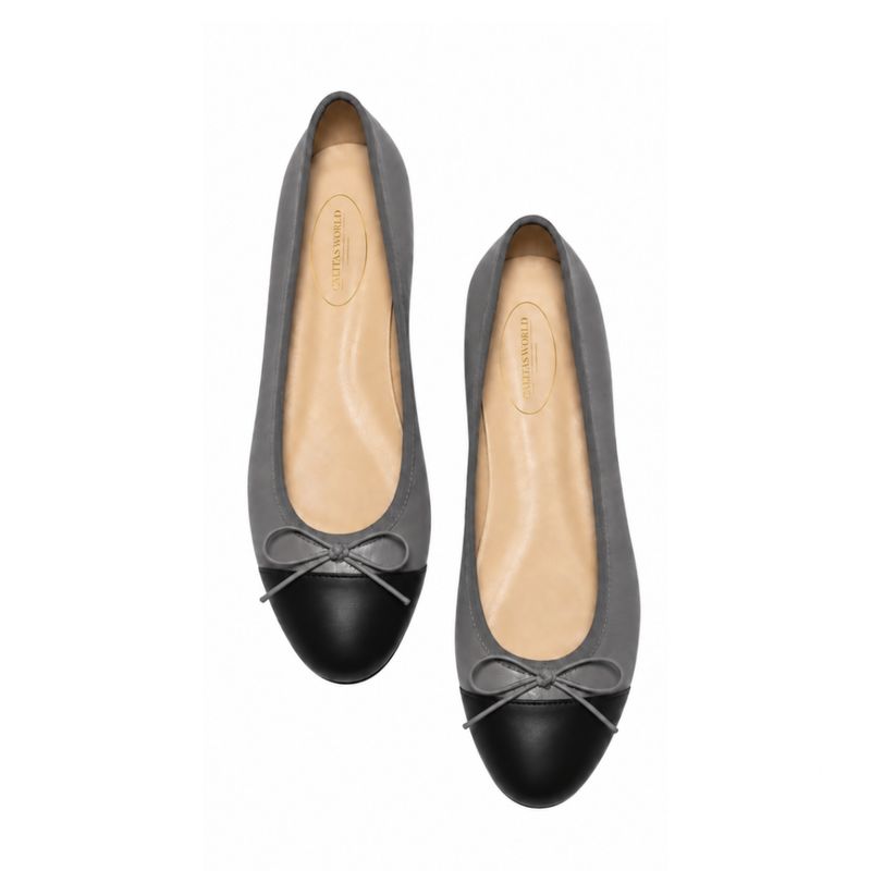BALLERINAS FLATS,  PELLE  GREY (PIOMBO 3042), BLACK TOE CAP