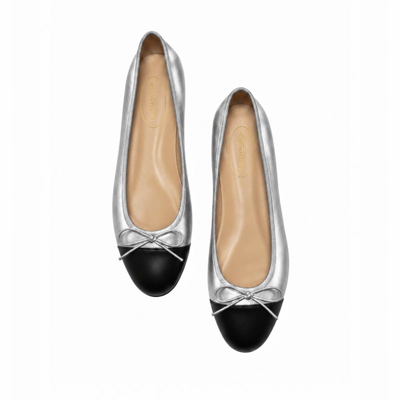 BALLERINAS FLATS,   BALLERINAS FLATS,  PELLE SILVER (SATURNO 3212)BLACK TOE CAP