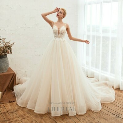 SHEER V-NECK LACE & TULLE GOWN WITH STRAPS AND TRAIN