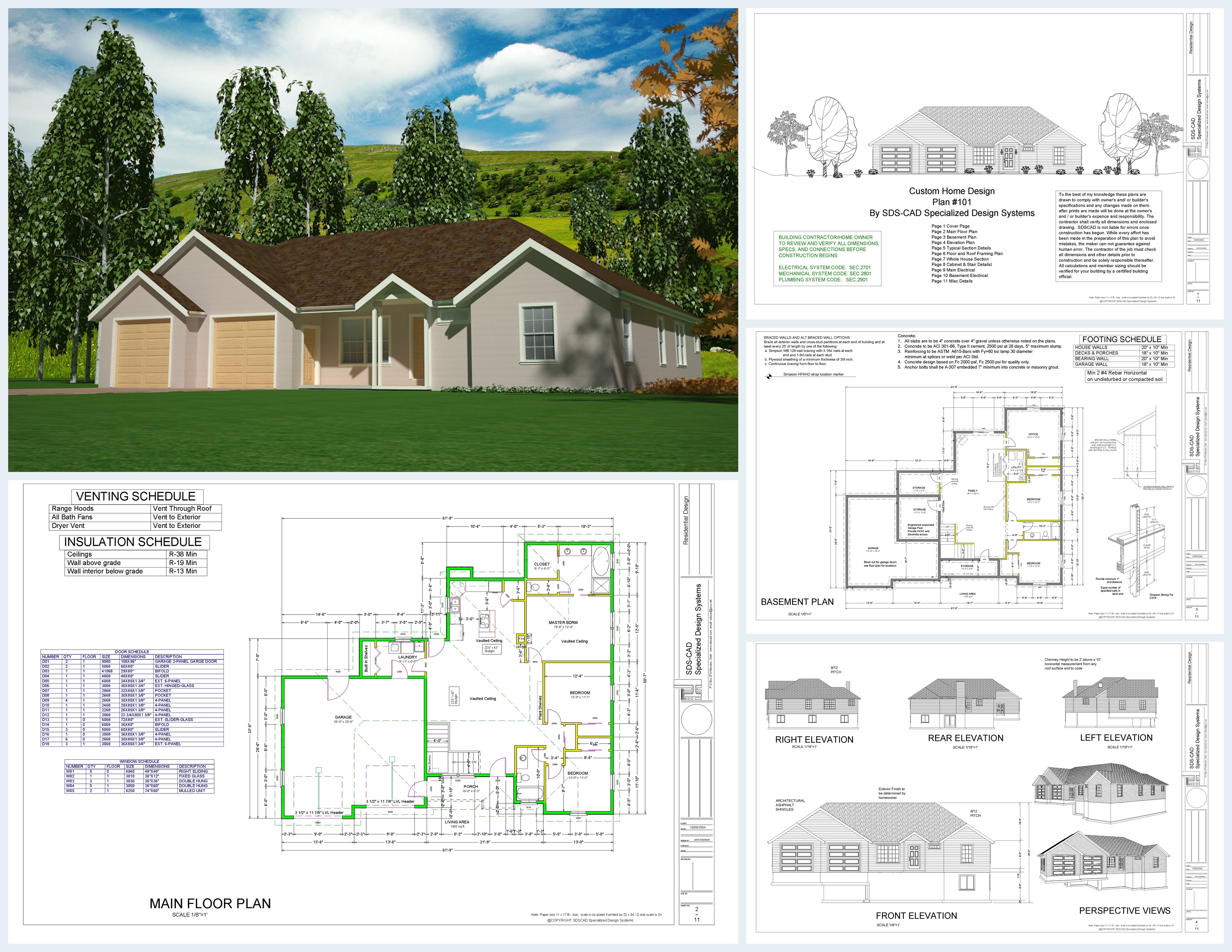 H101 3 bdrm 2 bath 1500 Sq foot Main House Plans in PDF and DWG