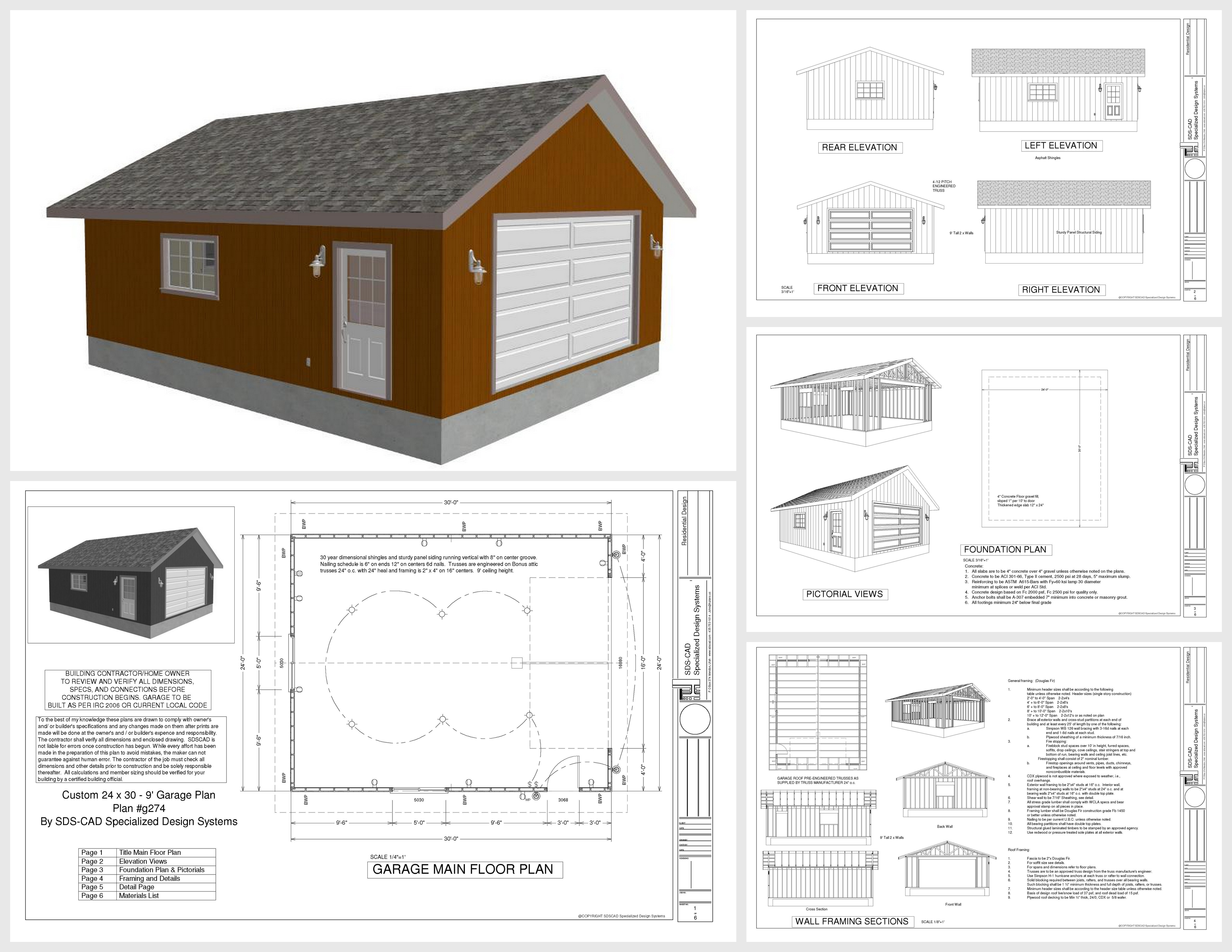 g274 24’ x 30’ x 9’  Garage Plan PDF and DWG files