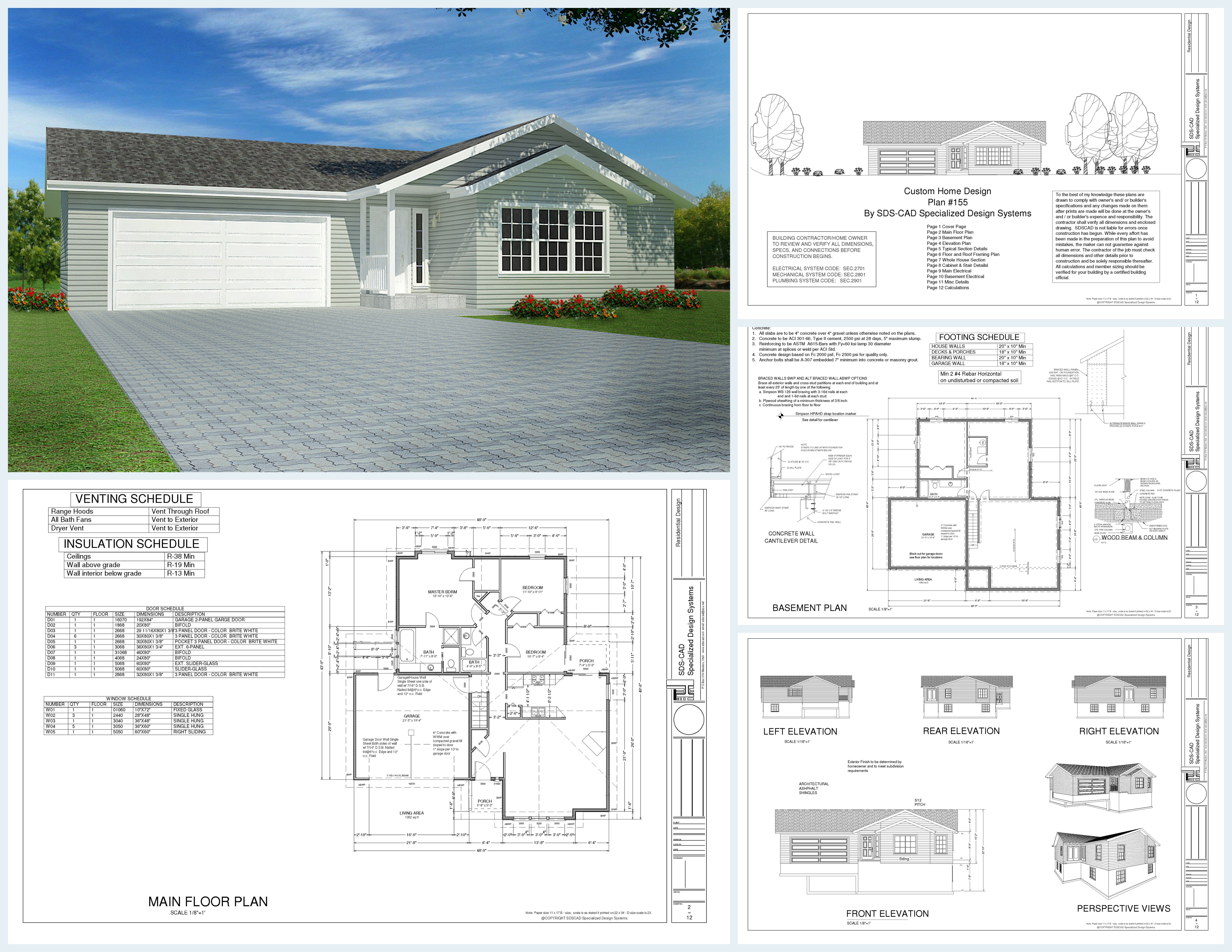 #H155 House Plan 1352 Sq Ft 3 bdrm 2 Bath DWG and PDF