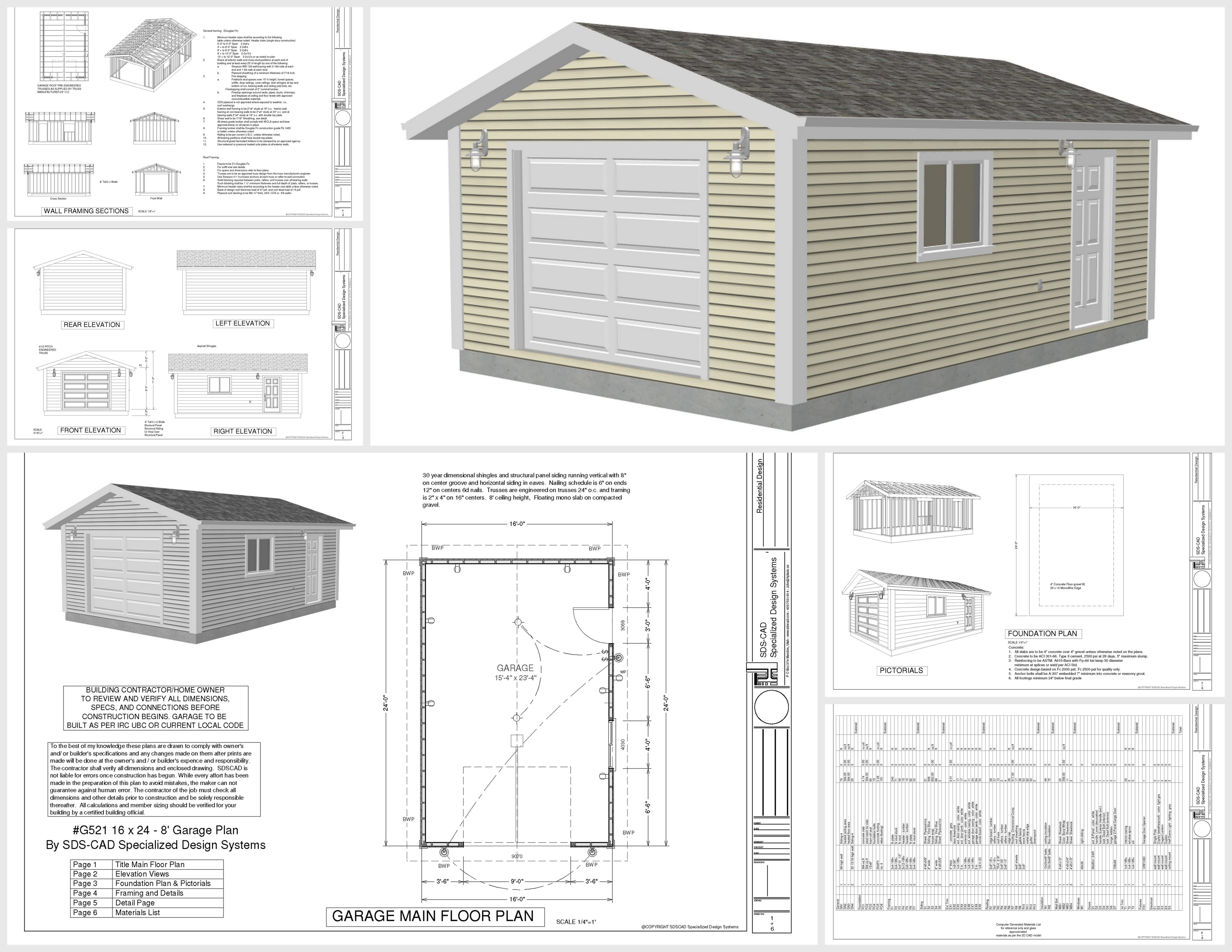 G521 16 x 24 x 8 Garage Plans 7 x 9 garage door 8' walls 4/12 pitch ro...