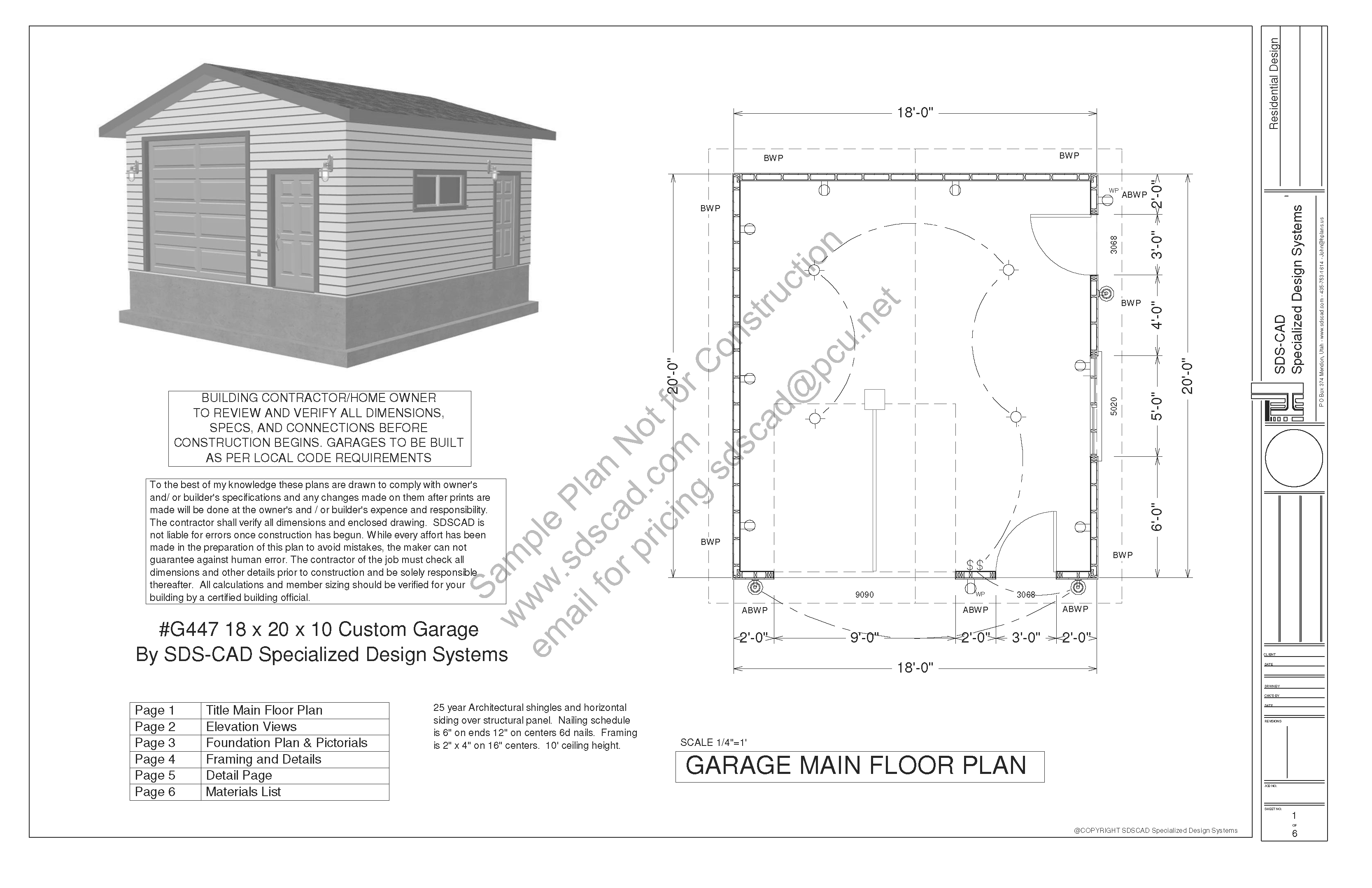 g447 Garage Plans 18' X 20' X 10' walls with PDF and DWG Files