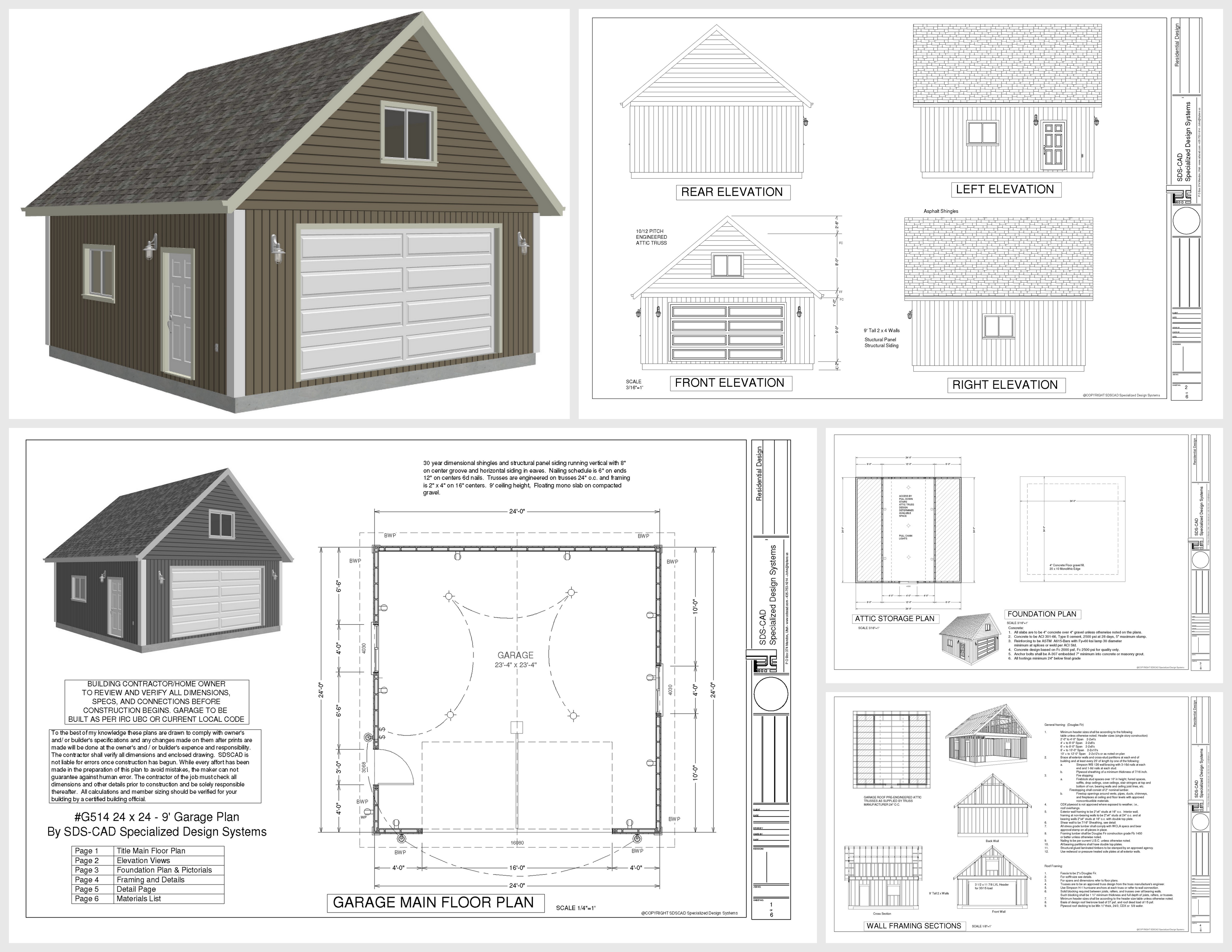 #G514 24 x 24 x 9 Loft Garage Plans Complete Construction Drawings in PDF a...