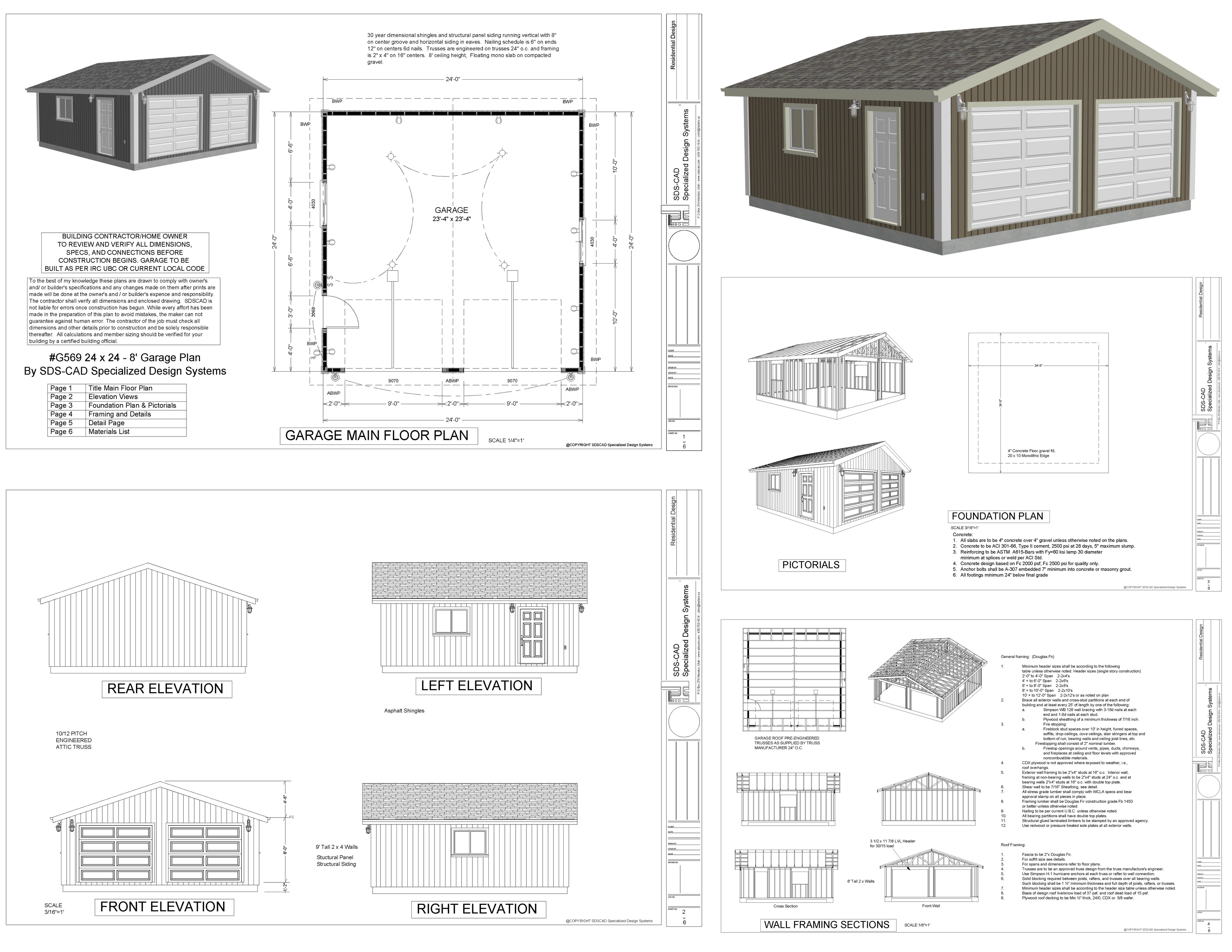 #g569 24 x 24 x 8 Garage plans with PDF and DWG