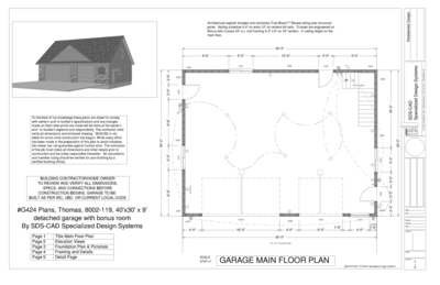 #G424 40'x30' x 9' detached garage plans with bonus room in PDF and DWG