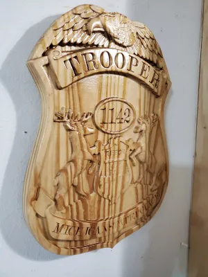 3D V CARVED - Personalized Michigan State Trooper Police Badge V Carved Wood Sign