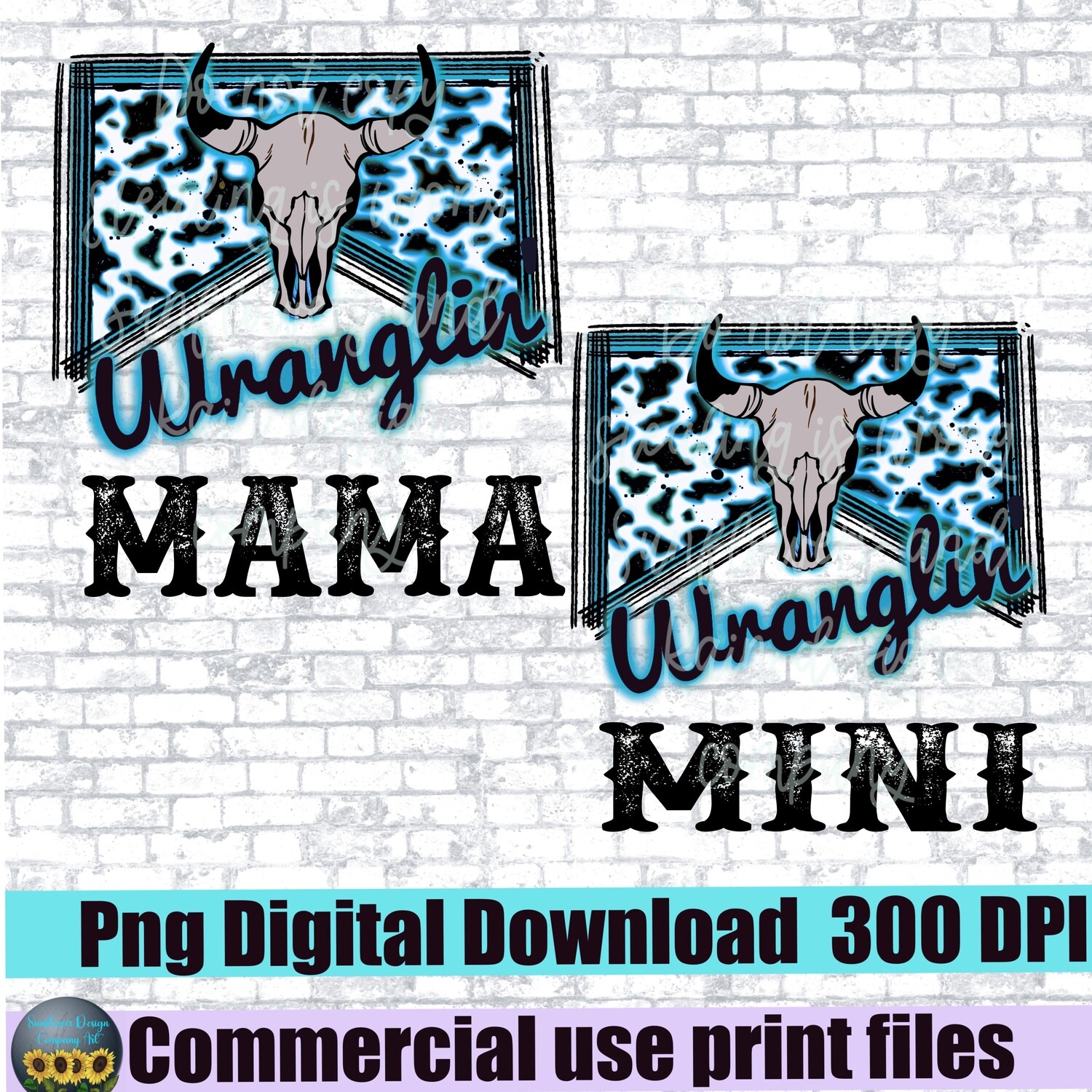 Digital Wranglin MAMA and mini  PNG with Cow  Print | Retro letters watercolor  Cool grunge Marlboro Sublimation Design | Printable Transfe