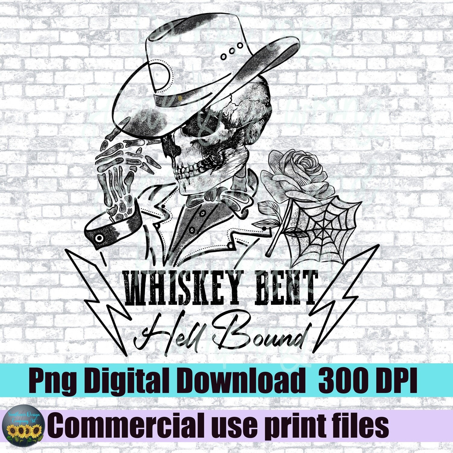 Hand drawn Whiskey bent and hell bound skeleton cowboy with rose png file for sublimation shirts. Instant download. Ready to print png