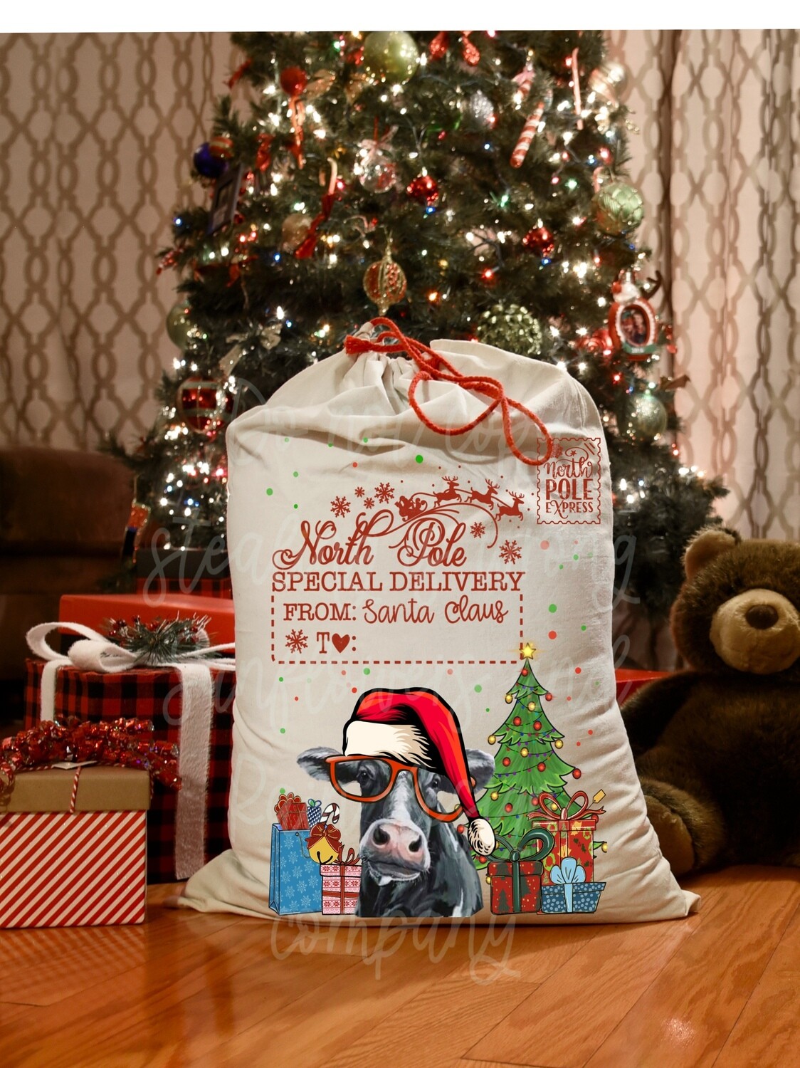 Cow Santa sack png file. Space to add custom name