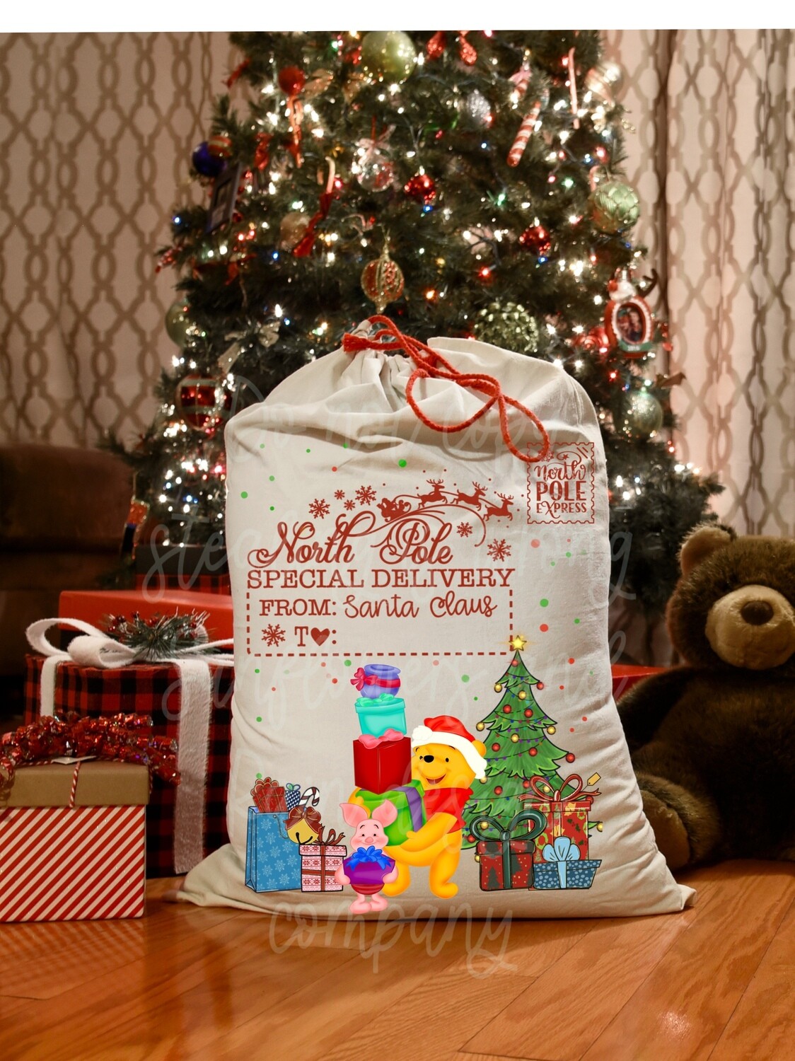 Pooh Santa sack png file. Space to add custom name