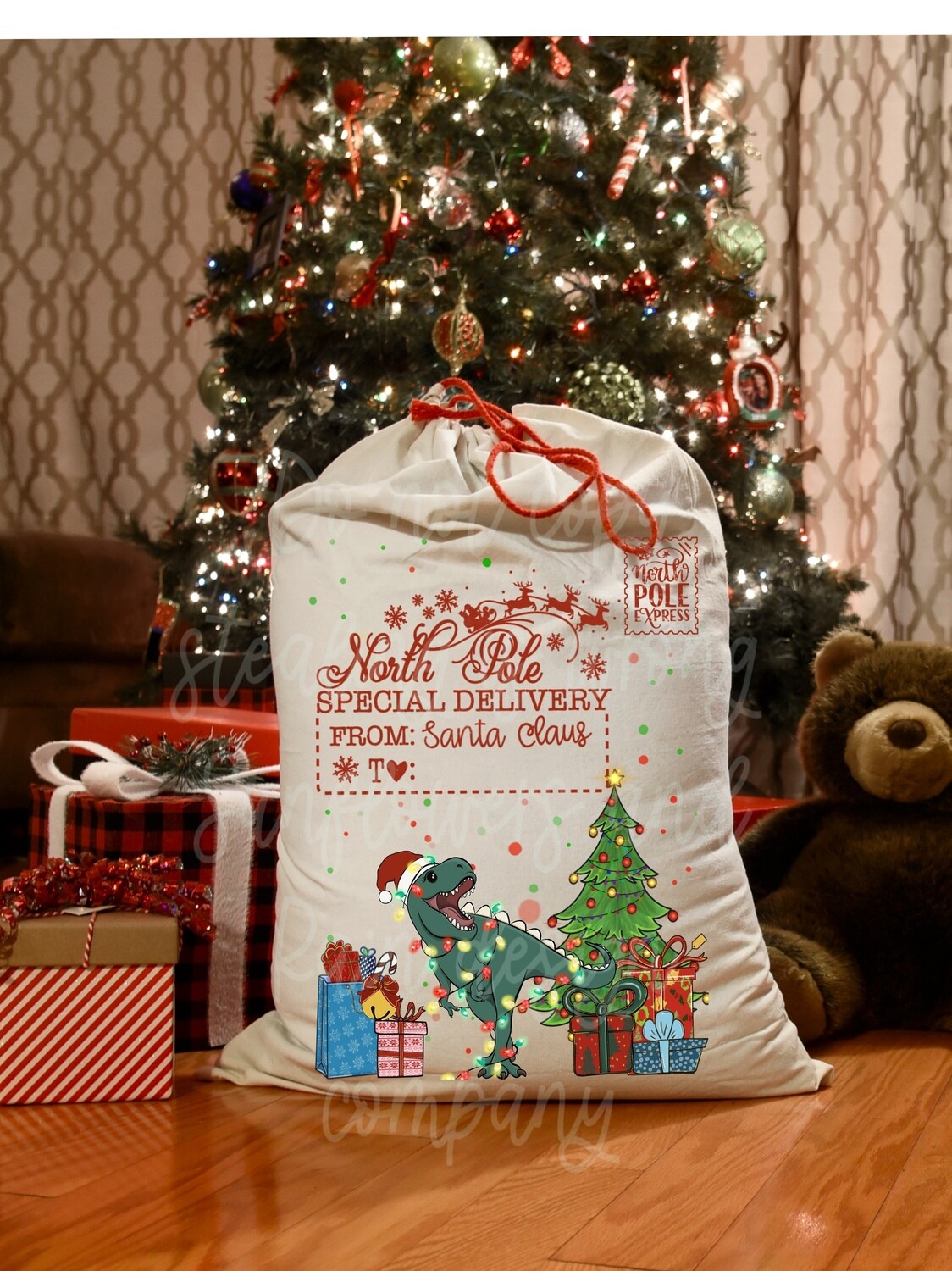 Dinosaur Santa sack png file. Space to add custom name