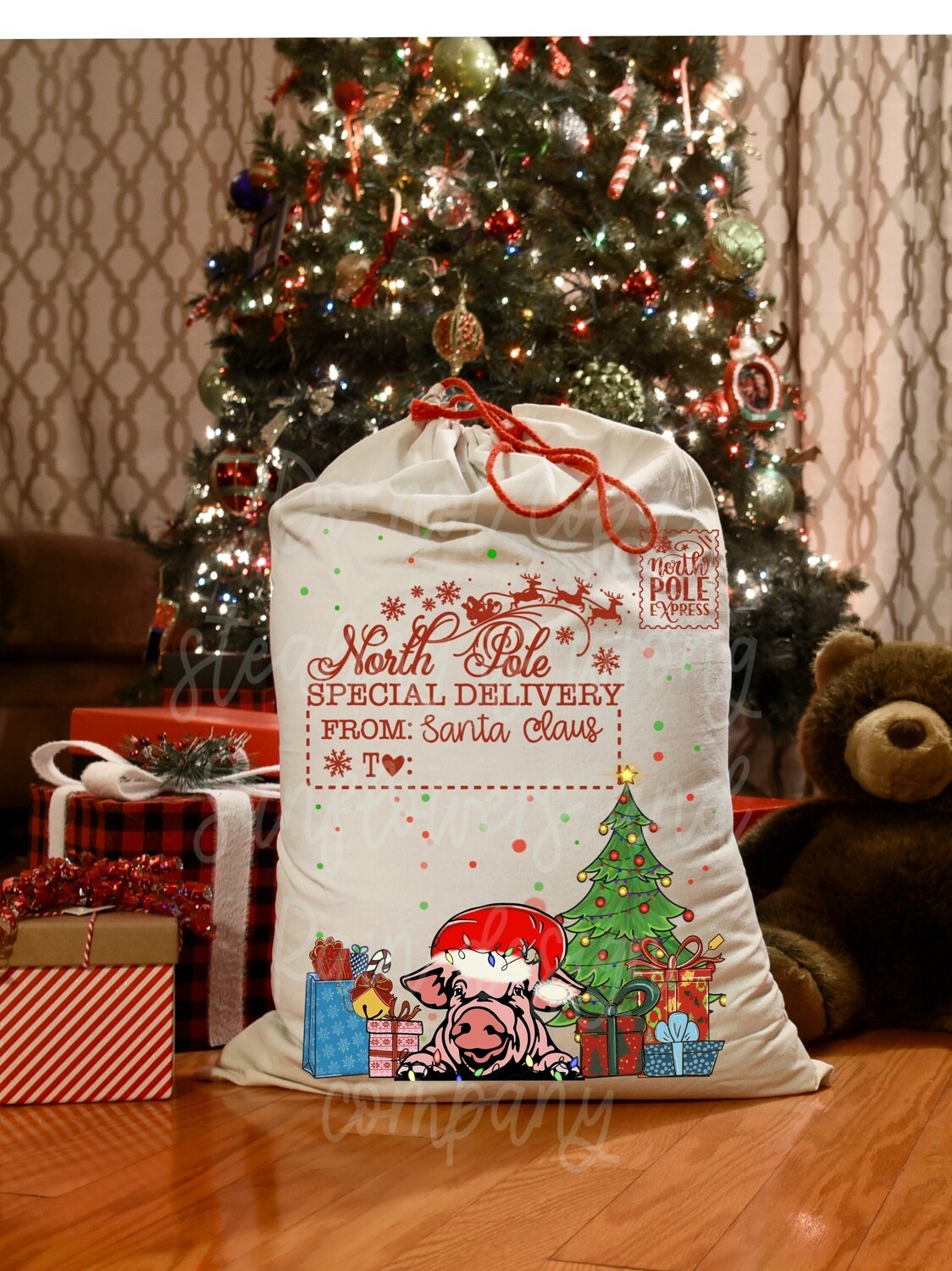 Pig Santa sack png file. Space for custom name