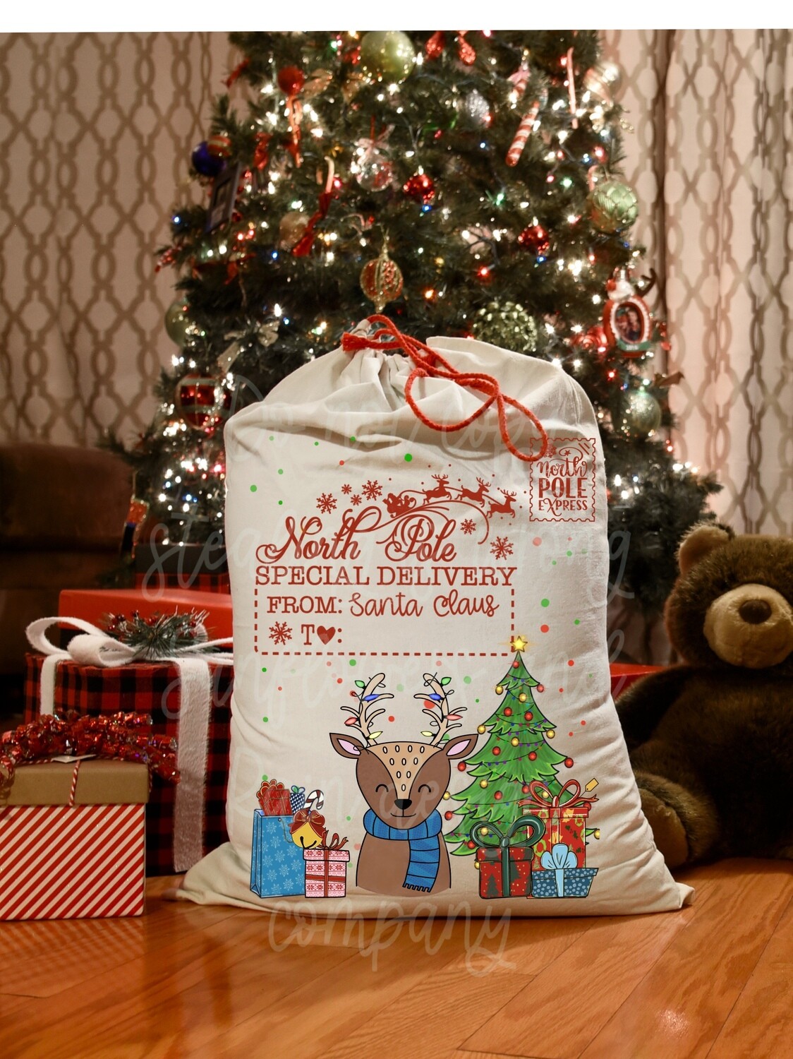 Deer Santa sack png. Space for custom names