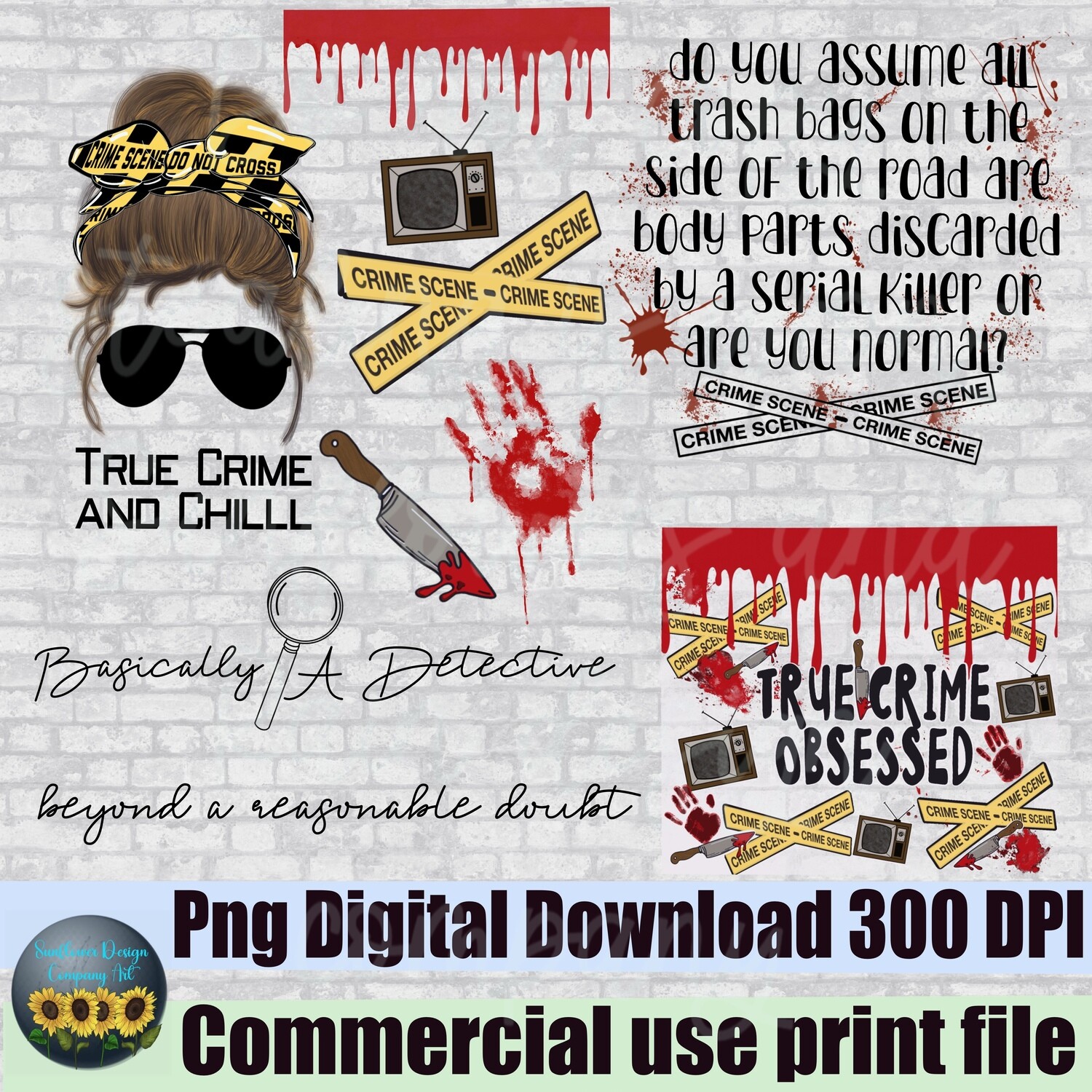 True crime sublimation bundle. 4 completed sublimation designs, 1 skinny straight tumbler wrap png, 5 pieces of clipart. Png bundle