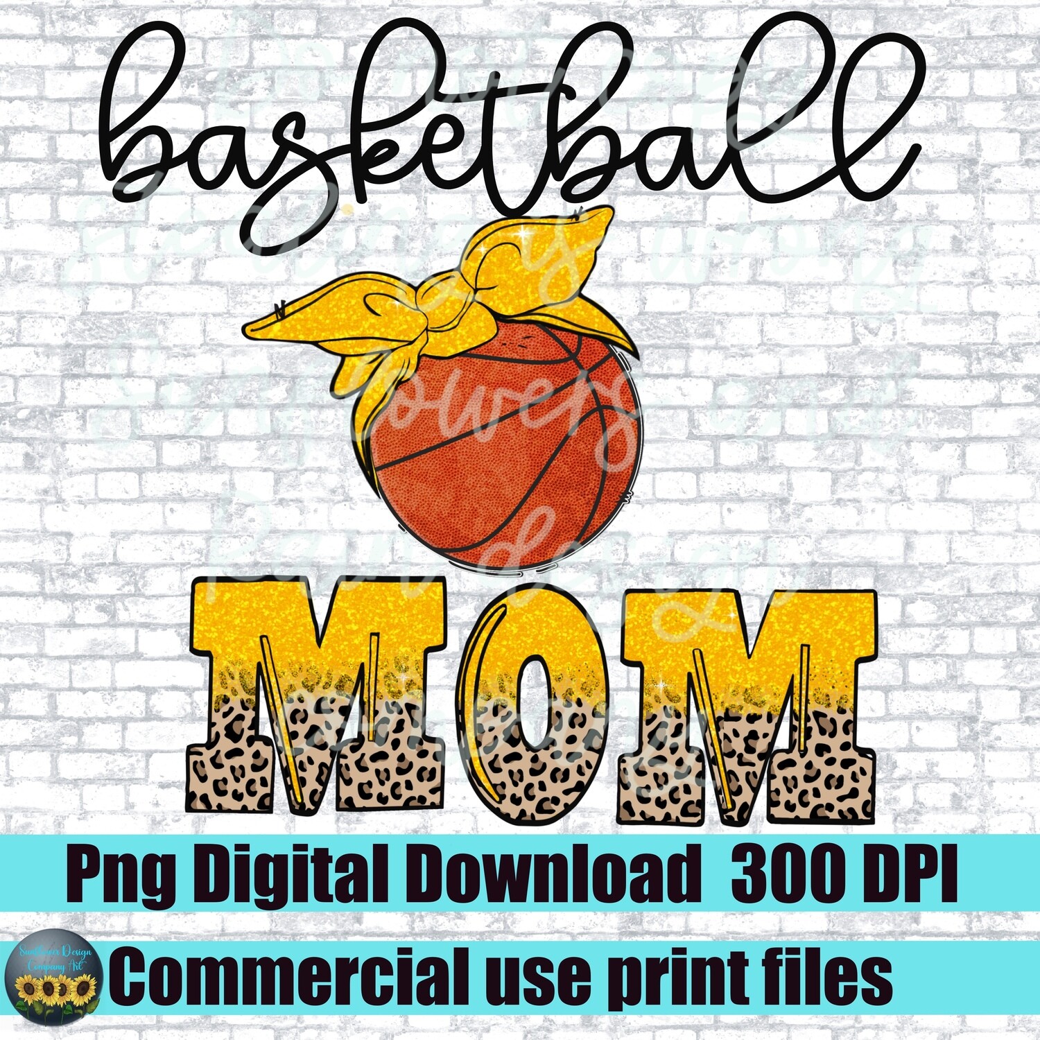 Basketball mom png file. Yellow basketball  with bandanna leopard print.  design. Sublimation design download
