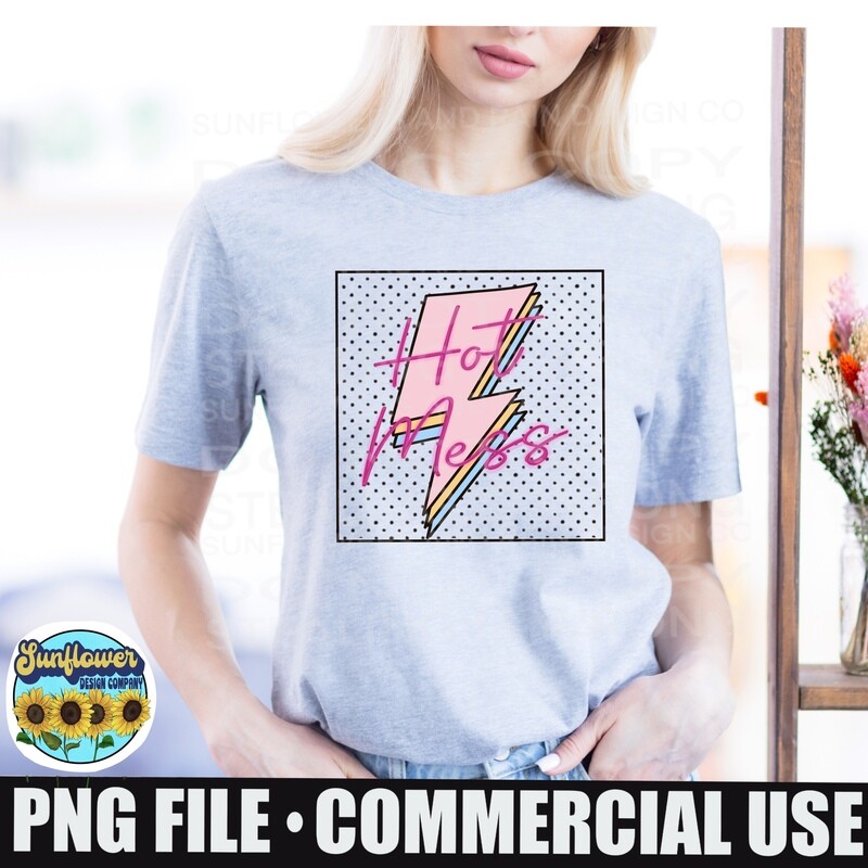 Hot Mess lighting Bolt. Retro 90s Vibe png file for sublimation.