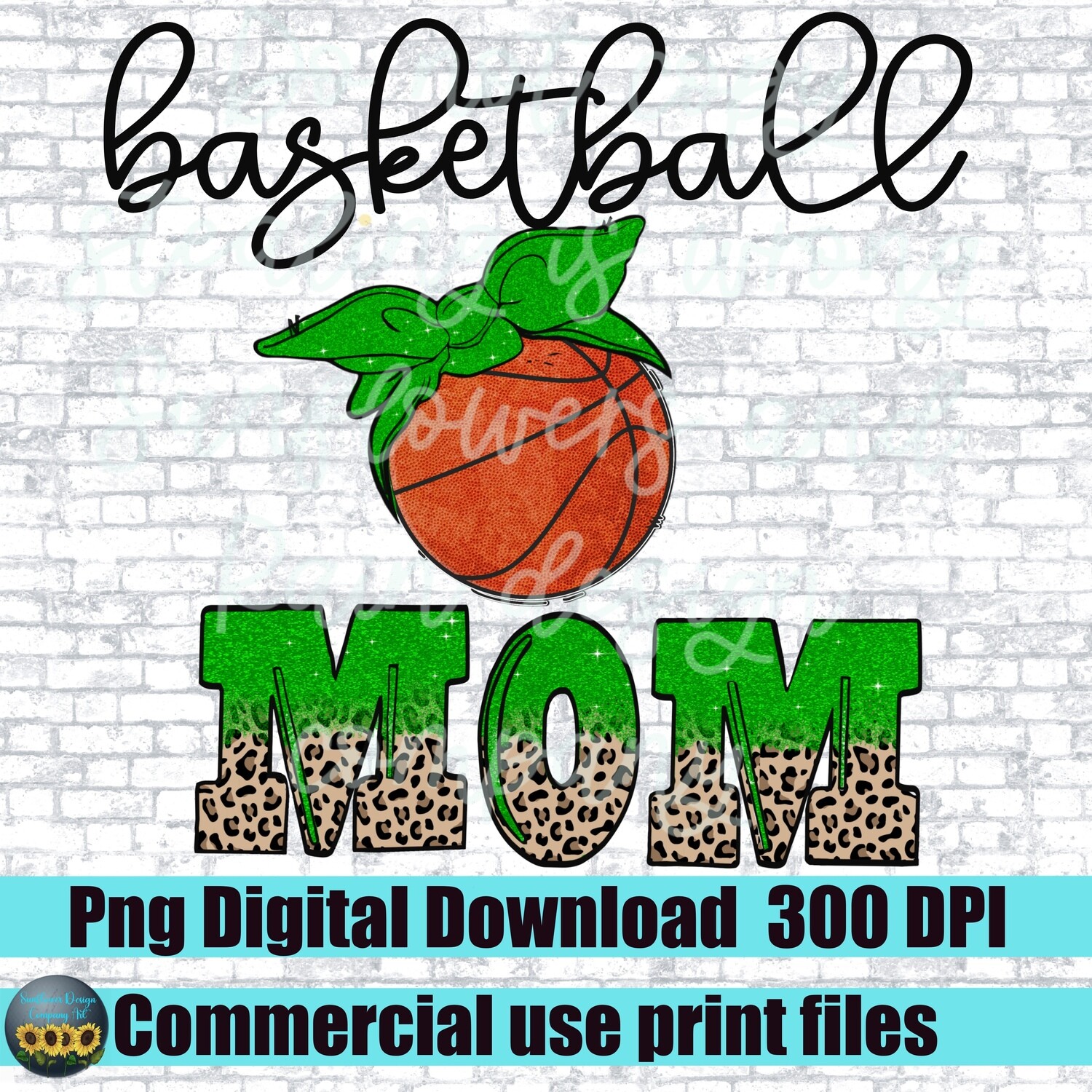 Basketball mom png file. Green  basketball  with bandanna leopard print.  design. Sublimation design download