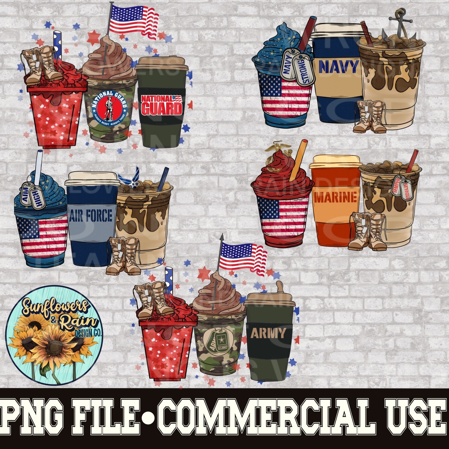 Military Coffee bundle png file for sublimation T-shirts. Digital download. Support our troops. Patriotic sublimation designs. American flag png