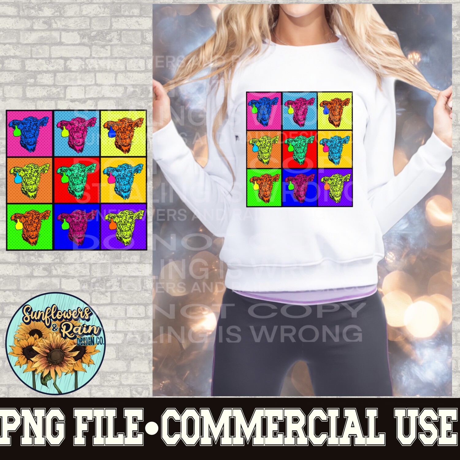 Colorful Andy Warhol inspired  cows with ear tag png file