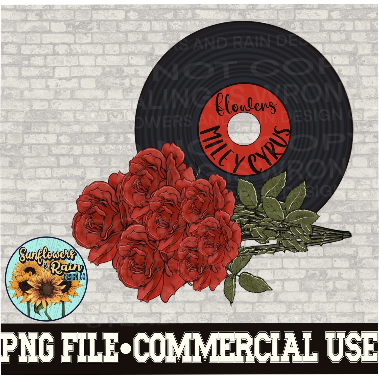 Miley record Flowers with red roses music png file for sublimation T-shirts. Digital download. Instant download. Sublimation design