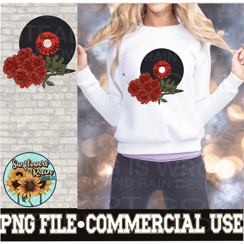 Miley record Flowers with red roses music png file for sublimation T-shirts. Digital download. Instant download. Sublimation design
