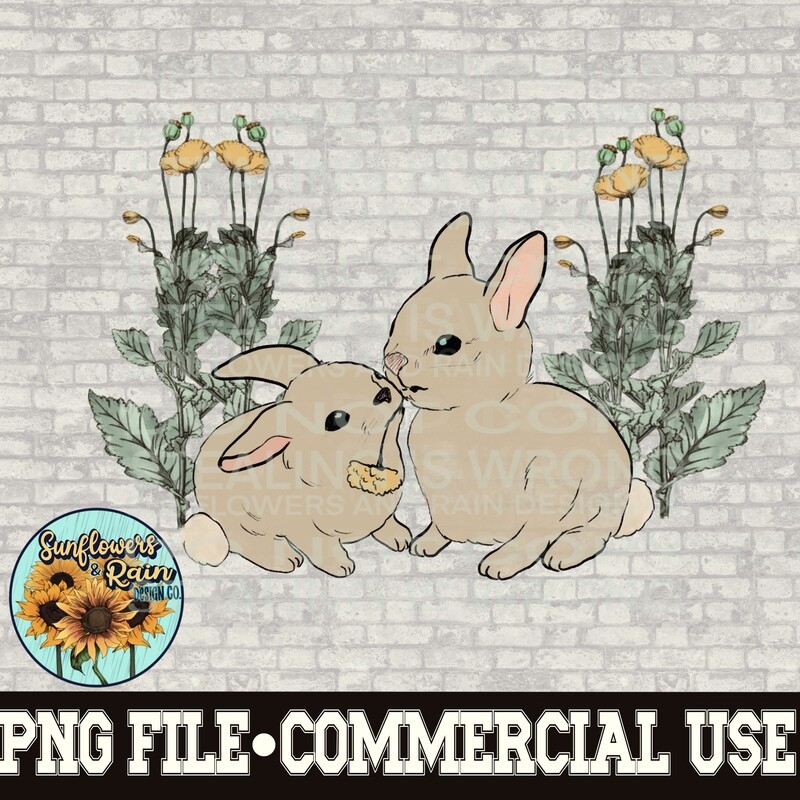 Bunnies and wildflowers png files included  digital download, Sublimation design.