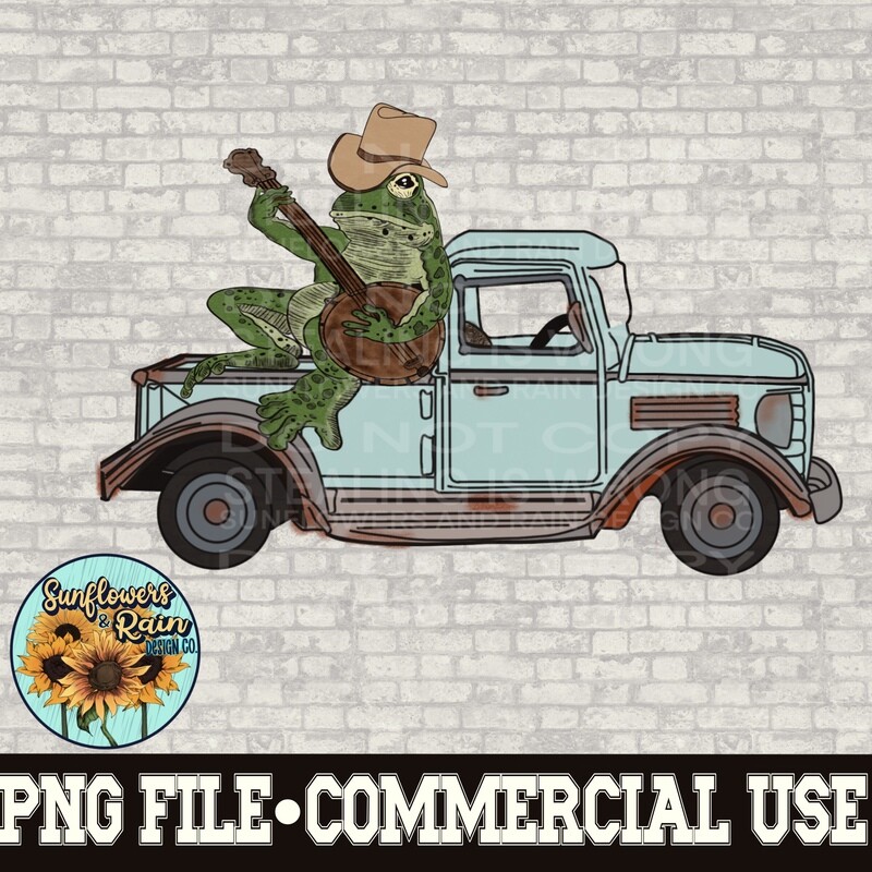 Cottagecore frog on a vintage blue truck  png file  included  digital download, Sublimation design.
