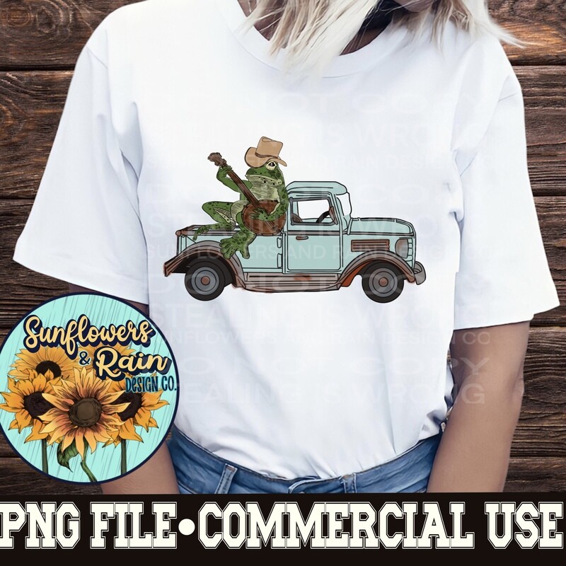Cottagecore frog on a vintage blue truck  png file  included  digital download, Sublimation design.