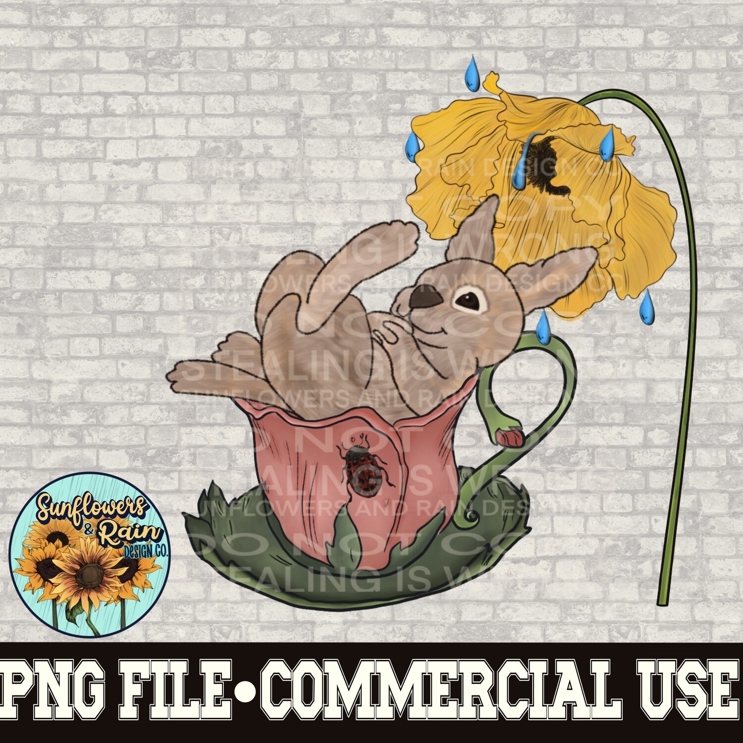 Whimsical rabbit in a flower teacup with a flower catching the rain.   png file  included  digital download, Sublimation design.