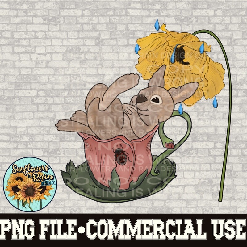 Whimsical rabbit in a flower teacup with a flower catching the rain.   png file  included  digital download, Sublimation design.