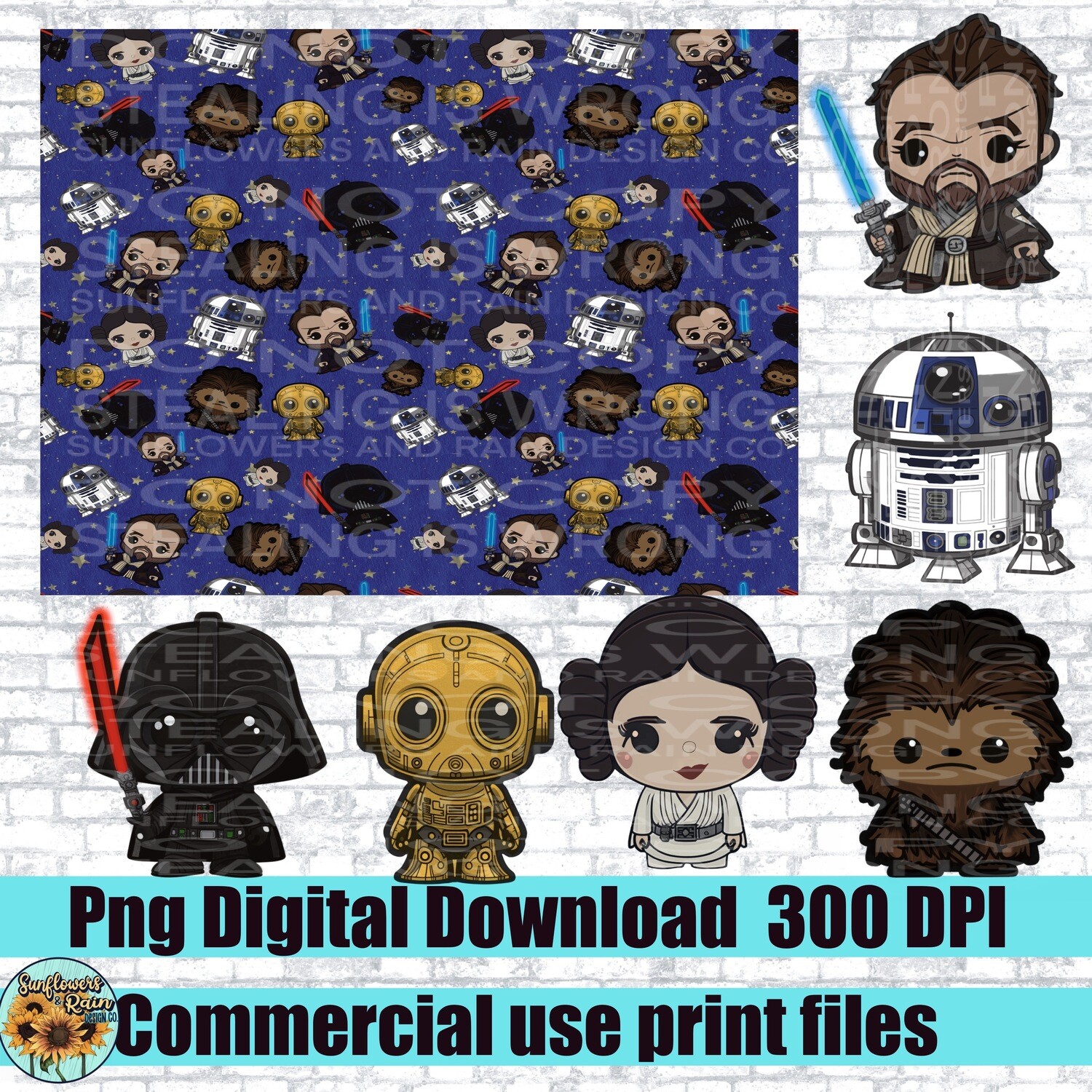 Seamless pattern and clipart bundle. Star Wars.  Individual png files. 300 dpi. 7 files included.