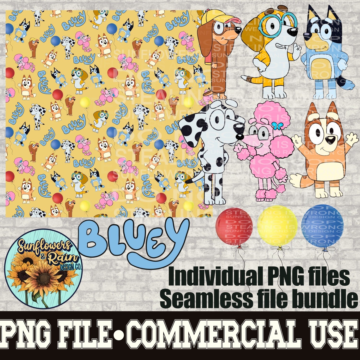 Seamless pattern and clipart bundle. Bluey  Individual png files. 300 dpi. 10 files included.