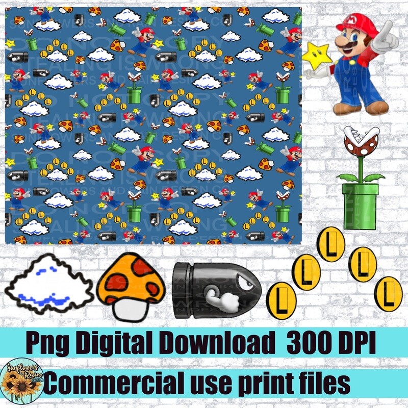 Seamless pattern and clipart bundle. Mario  Individual png files. 300 dpi. 7 files included.