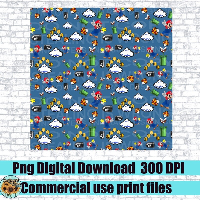 Seamless pattern and clipart bundle. Mario  Individual png files. 300 dpi. 7 files included.