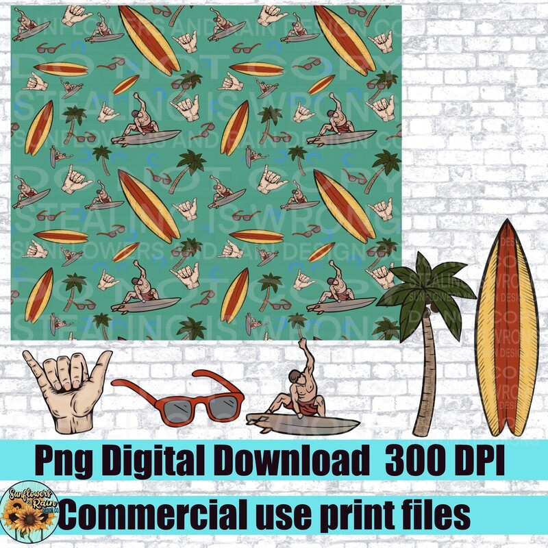 Seamless pattern and clipart bundle. Surfing  Individual png files. 300 dpi. 6 files included.