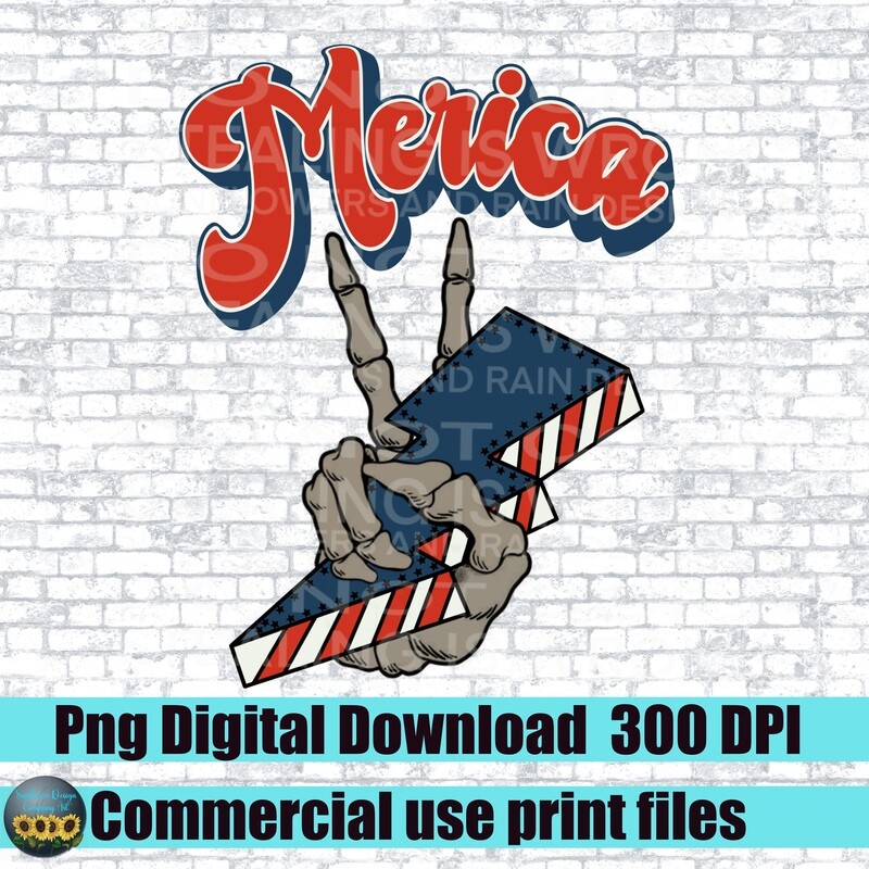 Mercia Skeleton hand holding lighting bolt with American flag   . png file for sublimation and dtf. Digital download