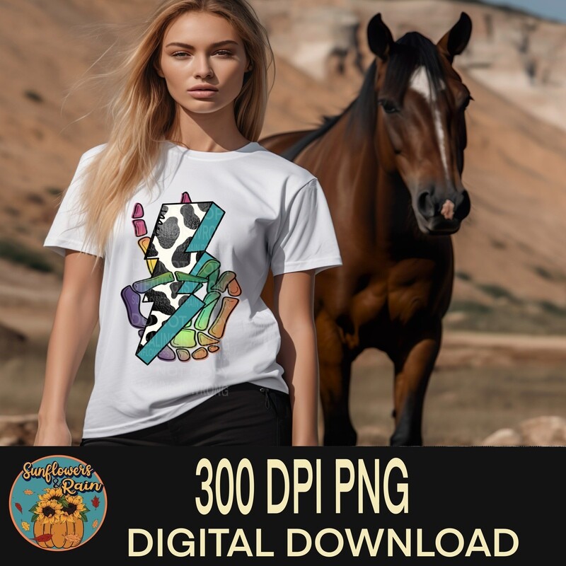 Rainbow skeleton cow print lighting bolt. Png file for sublimation tshirts.