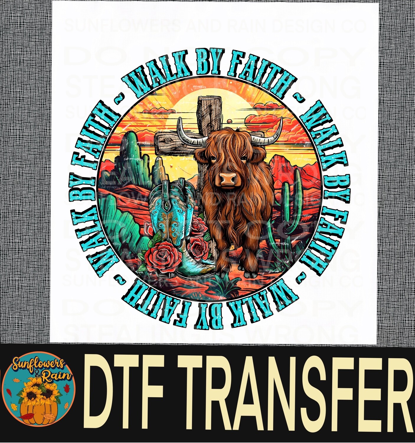 Highland cow walk by faith Dtf transfer.