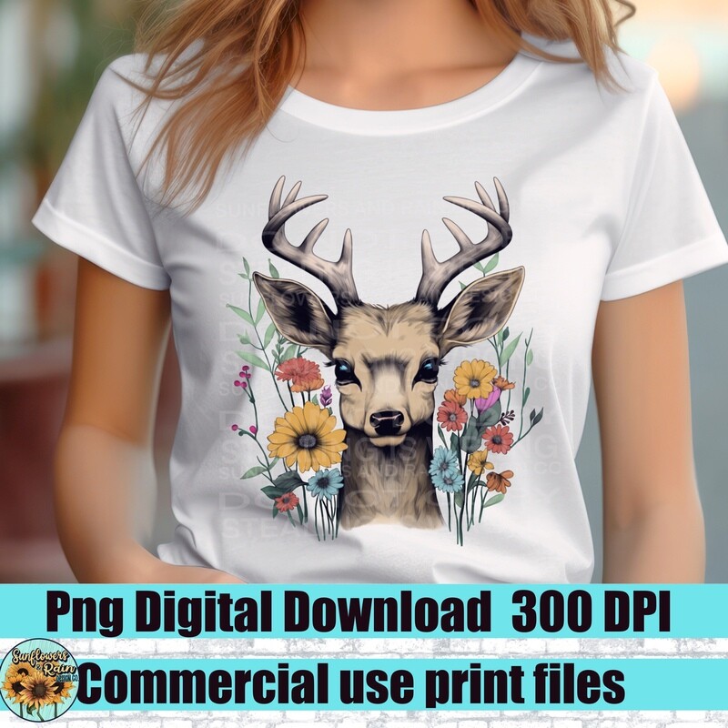 Deer with wildflowers Png, Sublimation Design Downloads