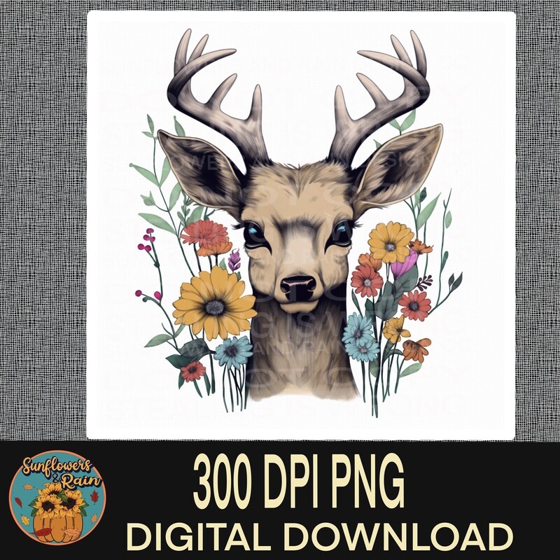 Deer with wildflowers Png, Sublimation Design Downloads