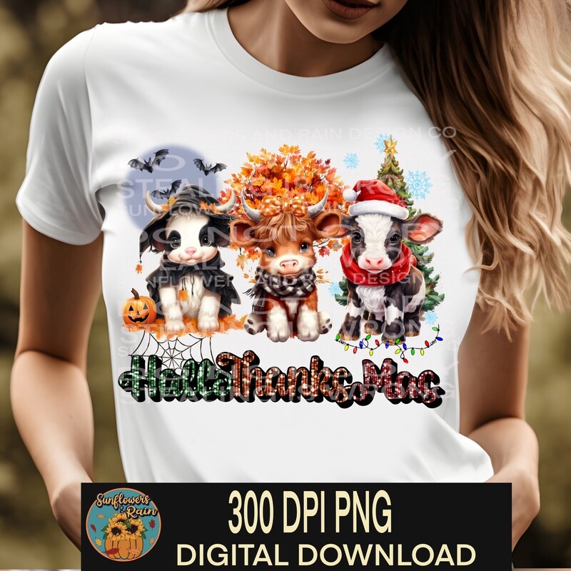 Happy Hallothanksmas Png, Highland Cows Png, Halloween Png, Christmas Png, Thanksgiving Png, Sublimation Design Downloads,Christmas cows  png
