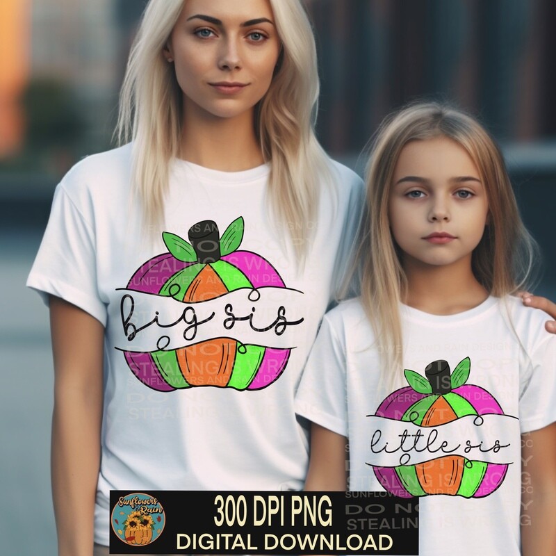 Big sis and Little sis bright pumpkins Png. Matching png bundle, Sublimation Design Downloads