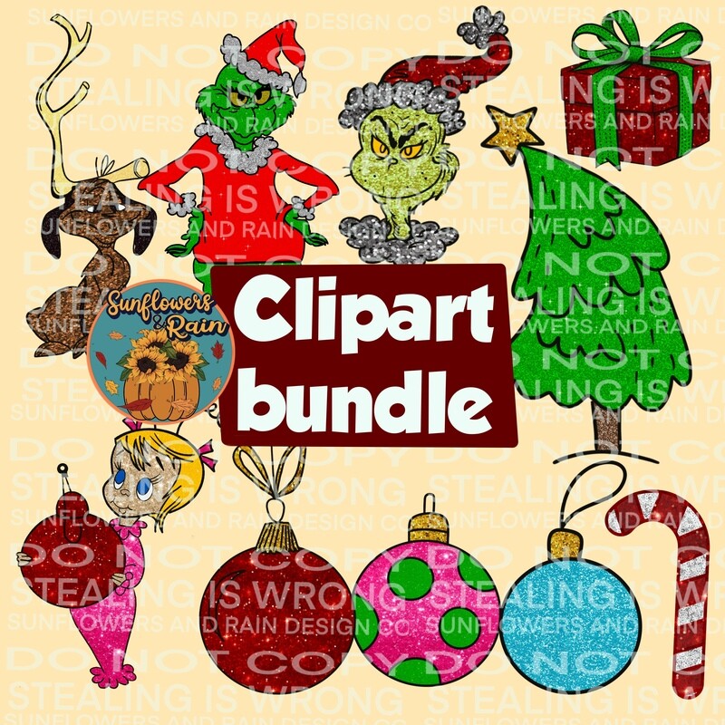 Christmas glitter / sequins grinch clipart png files.  Individual files