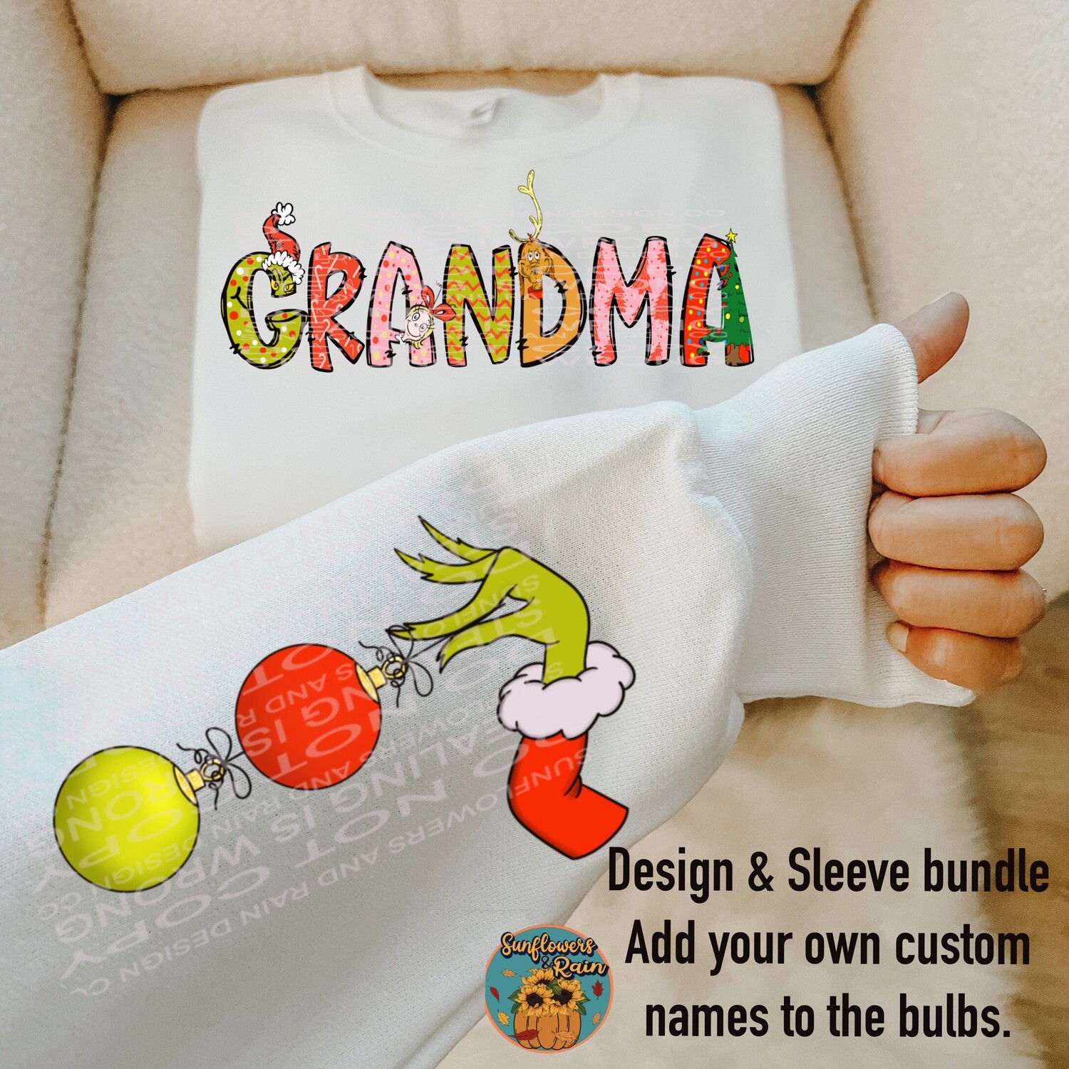 Grinch Grandma Matching sleeve with individual bones for custom shirts. png file included  digital download, Sublimation design.