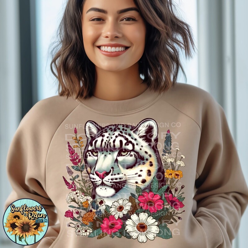 Snow leopard with flowers. Retro png.  Png file for sublimation tshirts.